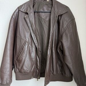 Oversized 90’s Brown Leather Bomber Jacket- Size L